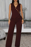 Pink Casual Solid Color Buckle V Neck Sleeveless Two Pieces