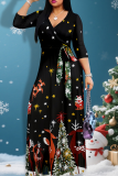 Black Casual Print Strap Design V Neck Long Dresses