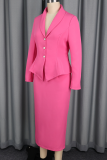 Pink Elegant Solid Color Buckle Turndown Collar Long Sleeve Two Pieces