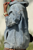 Blue Casual Solid Color Pocket Hooded Tops