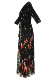 Black Casual Print Strap Design V Neck Long Dresses