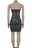 Black Sexy Solid Color Backless Hot Drill Halter Wrapped Skirt Dresses
