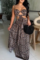 Snake Print Sexy Snakeskin Print Hollow Out Spaghetti Strap Long Dresses
