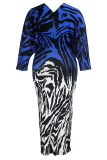 Blue Elegant Stripe Contrast V Neck Long Plus Size Dresses