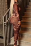 Brown Sexy Print See-Through O Neck Long Sleeve Two Pieces