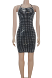 Black Sexy Solid Color Backless Hot Drill Halter Wrapped Skirt Dresses