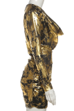 Black Gold Sexy Print Ruched V Neck Wrapped Skirt Dresses