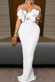 White Sexy Solid Color Lace Flower Shape Spaghetti Strap Long Dresses