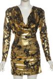 Black Gold Sexy Print Ruched V Neck Wrapped Skirt Dresses