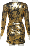 Black Gold Sexy Print Ruched V Neck Wrapped Skirt Dresses