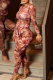 Pink Sexy Print See-Through O Neck Long Sleeve Two Pieces