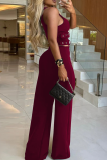 Burgundy Sexy Solid Color With Belt V Neck Sleeveless Two Pieces