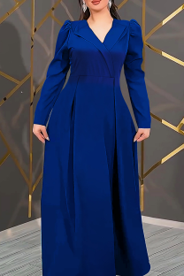 Blue Elegant Solid Color Patchwork V Neck Long Plus Size Dresses