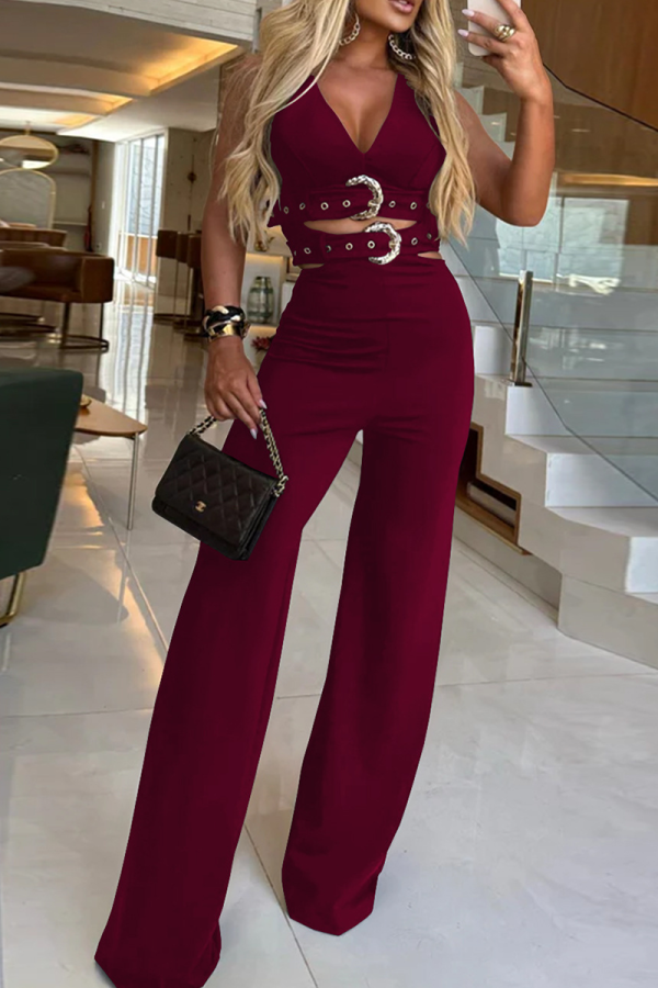 Burgundy Sexy Solid Color With Belt V Neck Sleeveless Two Pieces