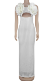 White Sexy Solid Color Lace Flower Shape Spaghetti Strap Long Dresses