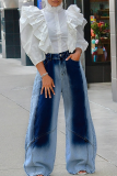 Blue Casual Contrast Mid Waist Loose Denim Jeans