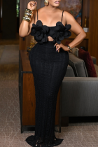 Black Sexy Solid Color Lace Flower Shape Spaghetti Strap Long Dresses