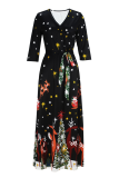 Black Casual Print Strap Design V Neck Long Dresses