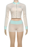 Blue Casual Letters Zipper Embroidery Zipper Collar Long Sleeve Two Pieces