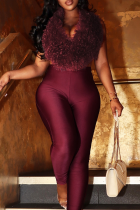 Burgundy Sexy Solid Color Backless Fluffy Deep V Neck Sleeveless Two Pieces