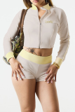 Blue Casual Letters Zipper Embroidery Zipper Collar Long Sleeve Two Pieces