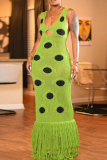 Blue Sexy Polka Dot Fringed Trim Spaghetti Strap Long Dresses