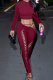 Burgundy Sexy Solid Color Cross Straps O Neck Long Sleeve Two Pieces