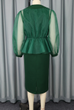 Green Elegant Solid Color Mesh Long Sleeve Two Pieces