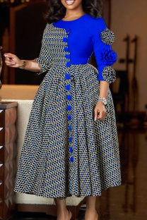 Blue Elegant Plaid Contrast Flower Shape O Neck Long Dresses