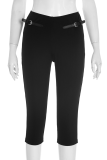 Black Casual Solid Color Regular Conventional Patchwork Bottoms