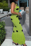 Blue Sexy Polka Dot Fringed Trim Spaghetti Strap Long Dresses