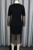 Black Elegant Solid Color Fringed Trim V Neck Long Dresses