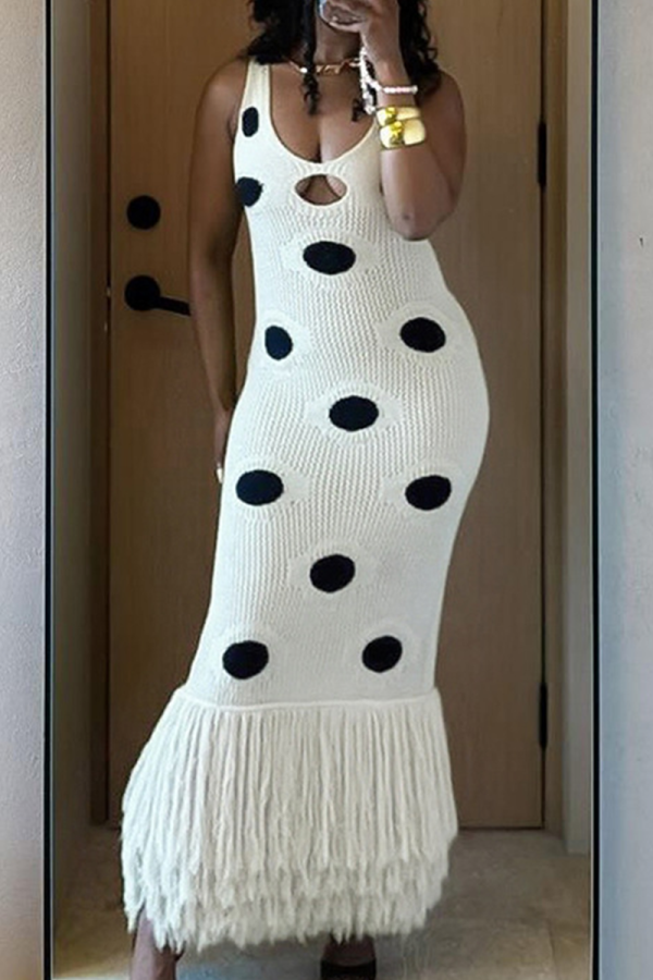 White Sexy Polka Dot Fringed Trim Spaghetti Strap Long Dresses