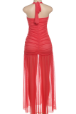Rose Red Sexy Solid Color Slit Ruched Halter Long Dresses