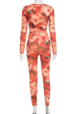 Red Casual Print O Neck Long Sleeve Two Pieces