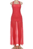 Rose Red Sexy Solid Color Slit Ruched Halter Long Dresses