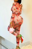 Red Casual Print O Neck Long Sleeve Two Pieces