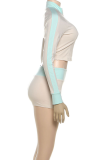 Blue Casual Letters Zipper Embroidery Zipper Collar Long Sleeve Two Pieces