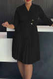 Black Elegant Solid Color Pleated Turndown Collar Long Dresses
