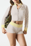 Blue Casual Letters Zipper Embroidery Zipper Collar Long Sleeve Two Pieces