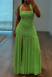 Rose Red Sexy Solid Color Slit Ruched Halter Long Dresses