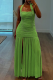 Green Sexy Solid Color Slit Ruched Halter Long Dresses