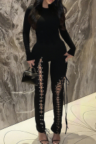 Black Sexy Solid Color Cross Straps O Neck Skinny Jumpsuits
