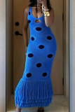 Blue Sexy Polka Dot Fringed Trim Spaghetti Strap Long Dresses
