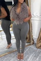 Grey Sexy Solid Color Backless Fluffy Deep V Neck Sleeveless Two Pieces