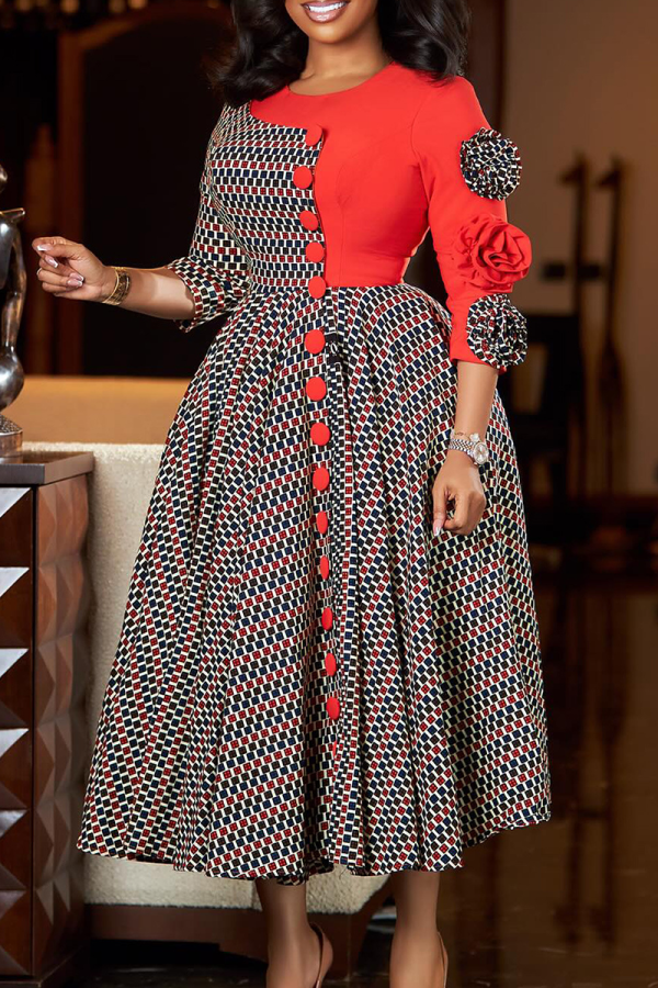 Red Elegant Plaid Contrast Flower Shape O Neck Long Dresses