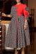 Red Elegant Plaid Contrast Flower Shape O Neck Long Dresses
