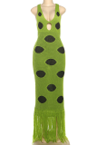 Blue Sexy Polka Dot Fringed Trim Spaghetti Strap Long Dresses