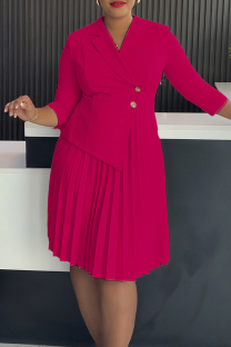 Rose Red Elegant Solid Color Pleated Turndown Collar Long Dresses