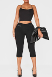 Black Casual Solid Color Regular Conventional Patchwork Bottoms